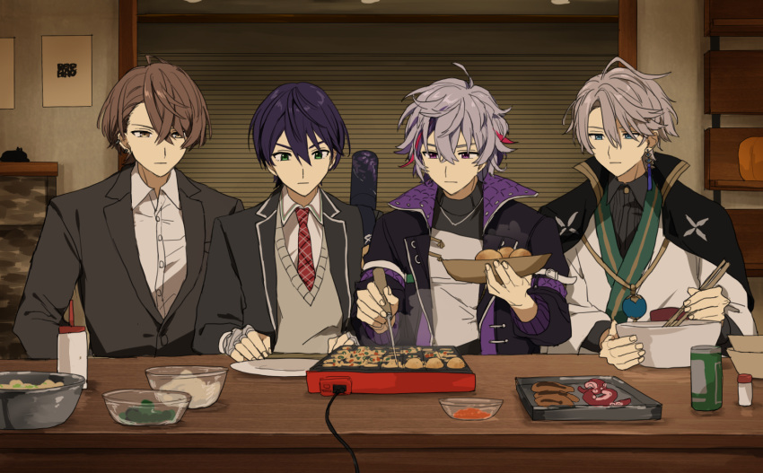 4boys, bandaged_hand, bandages, black_hakama, black_jacket, black_shirt, blazer, blue_eyes