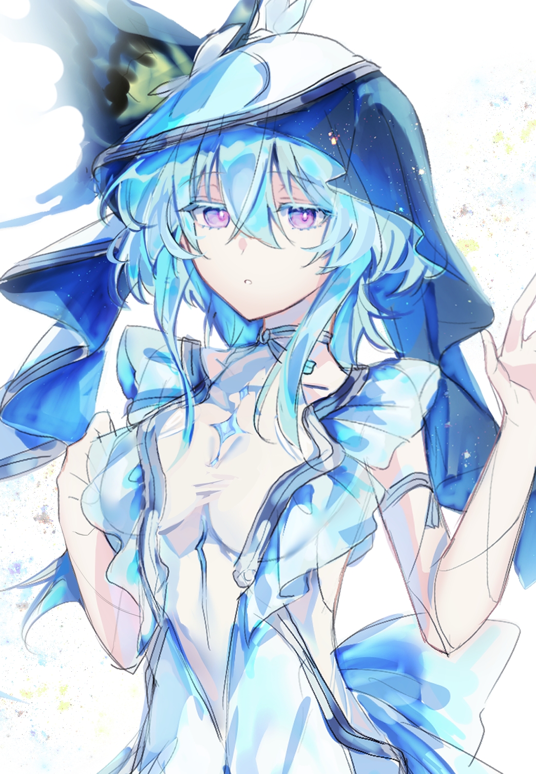 1girl, :o, blue_hair, breasts, center_opening, commentary_request, dress, hair_between_eyes, haru_(eharuru_32), highres, long_hair, medium_breasts, sidelocks, simple_background, sleeveless, sleeveless_dress, solo, the_shorekeeper_(wuthering_waves), veil, violet_eyes, white_background, wuthering_waves