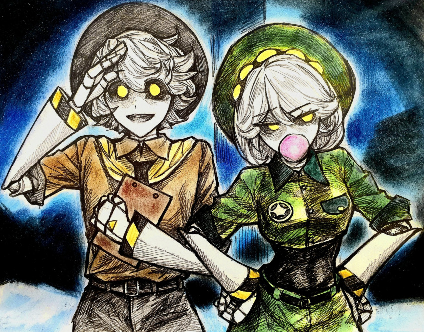 1boy, 1girl, :d, android, annoyed, averting_eyes, badge, belt