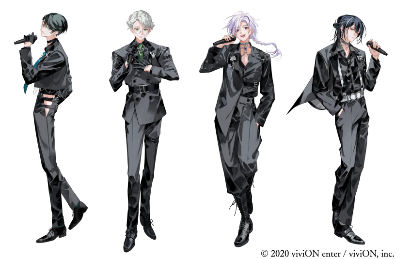 4boys, :d, aqua_eyes, aqua_necktie, belt, belt_buckle, black_belt, black_choker, black_footwear, black_gloves, black_hair, black_jacket, black_necktie, black_pants, black_shirt, black_suit, boots, braid, buckle, buttons, choker, clock_over_orquesta, closed_mouth, collar_chain_(jewelry), collared_shirt, copyright_notice, cropped_jacket, cross-laced_footwear, cuff_links, curtained_hair, double-breasted, dress_pants, earrings, flipped_hair, full_body, glasses, gloves, green_eyes, green_necktie, grey_eyes, grey_hair, hair_between_eyes, half_gloves, half_updo, hand_in_pocket, hand_on_own_chest, hand_up, harumi_kazuto, highres, hip_vent, holding, holding_microphone, jacket, jewelry, kokonoe_konoe, lace-up_boots, lapel_pin, lapels, lineup, long_hair, long_sleeves, looking_at_viewer, looking_to_the_side, male_focus, mature_male, medium_hair, microphone, multicolored_hair, multiple_boys, necklace, necktie, notched_lapels, official_art, open_clothes, open_jacket, pants, parted_lips, purple_hair, round_eyewear, shirt, shirt_tucked_in, shoes, short_hair, side_part, sideways_glance, single_braid, single_sleeve, smile, standing, streaked_hair, suit, suit_jacket, suspenders, swept_bangs, teeth, tenma_nanase, thigh_belt, thigh_strap, tokito_reiji, ugonba_(howatoro), upper_teeth_only, violet_eyes, white_background, white_belt, white_hair, wrinkled_skin