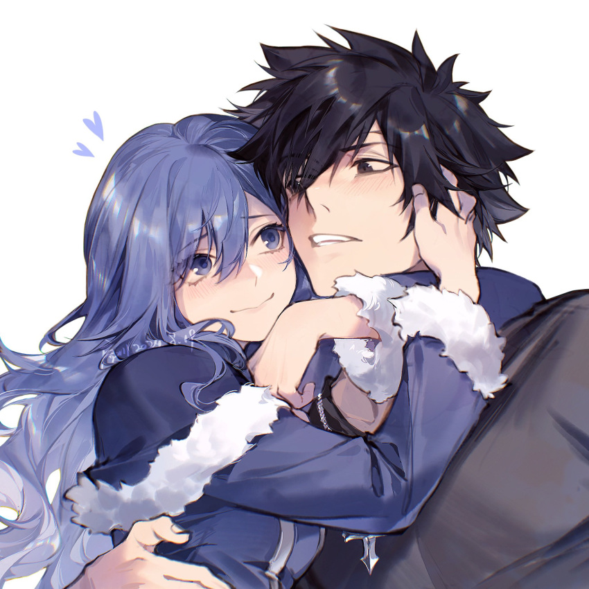 black_eyes, black_hair, black_shirt, blue_eyes, blue_hair, blue_jacket, couple, fairy_tail, gray_fullbuster, heart, highres, hug, jacket, juvia_lockser, pale_skin, shirt, smile, xuchuan