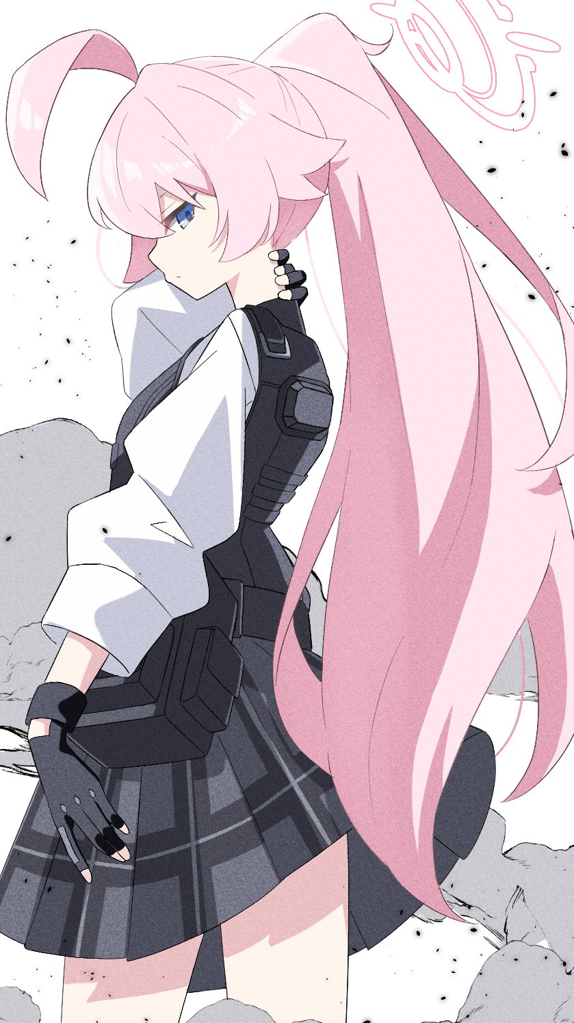 1girl, ammunition_pouch, antenna_hair, black_gloves, blue_archive, blue_eyes, bulletproof_vest, from_behind