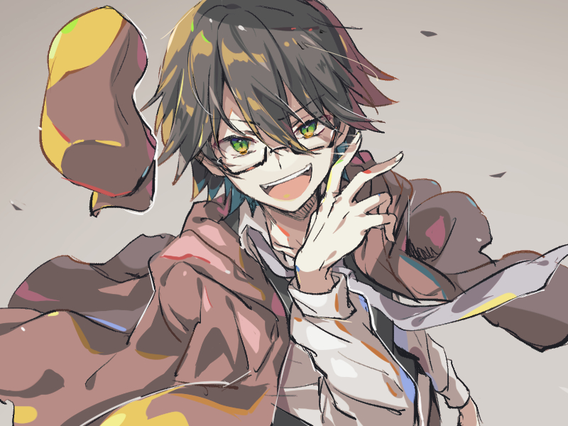 1boy, black_hair, brown_jacket, bungou_stray_dogs, collared_shirt, commentary_request, edogawa_ranpo_(bungou_stray_dogs), glasses