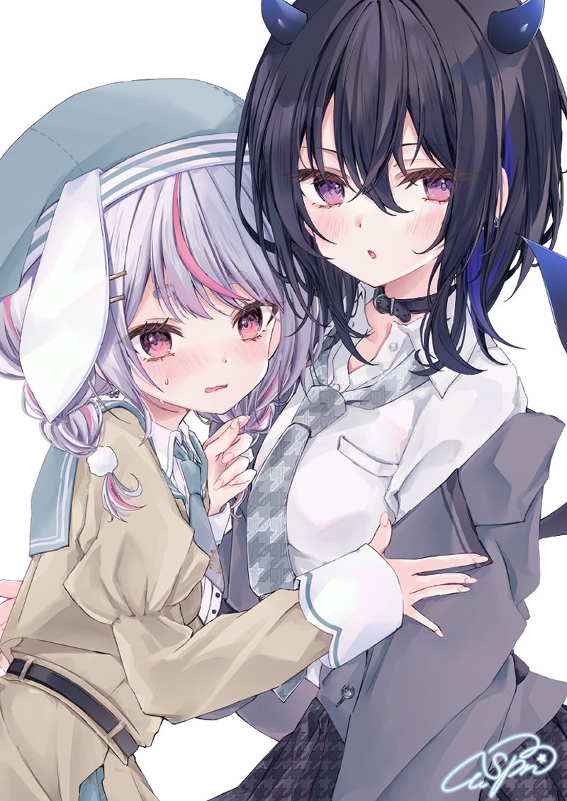 2girls, :o, belt, belt_collar, black_belt, black_hair, black_skirt, blazer