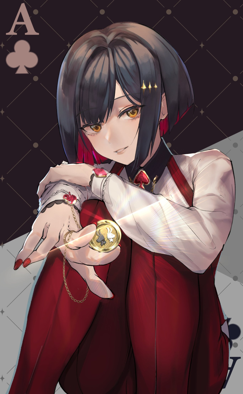 1girl, black_hair, card, card_background, coin, colored_inner_hair, goddess_of_victory:_nikke, highres