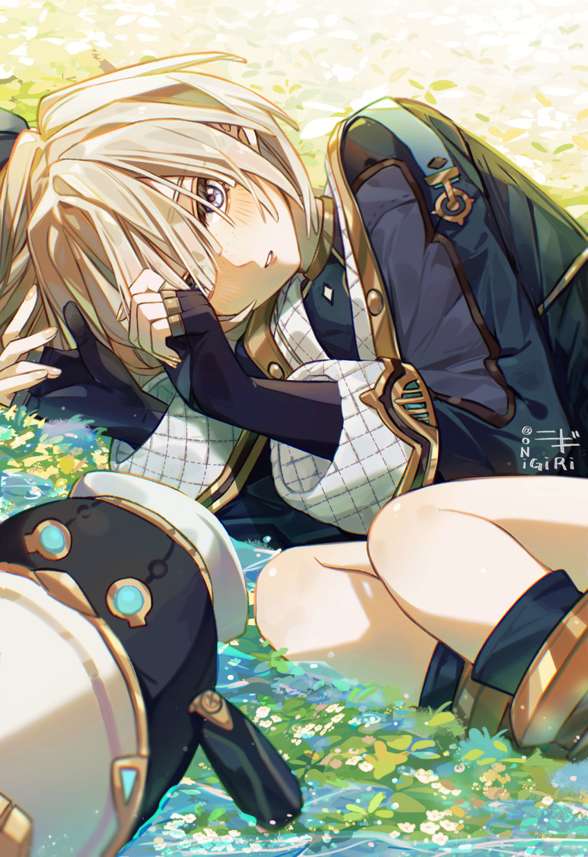 1boy, black_gloves, black_hat, black_jacket, blonde_hair, blue_eyes, blush, boots