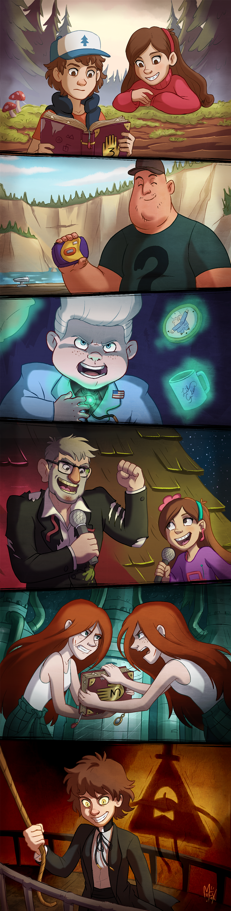 4girls, 5boys, absurdres, bill_cipher, bipper, black_vest, book, braces