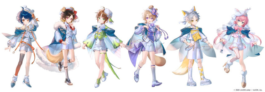 6+boys, :d, ahoge, aiguillette, animal_ear_headwear, animal_ears, ankle_boots, antenna_hair