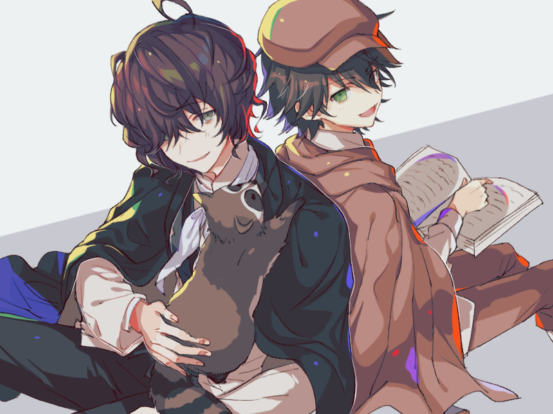 2boys, ahoge, animal, back-to-back, black_hair, black_pants, book, brown_hair