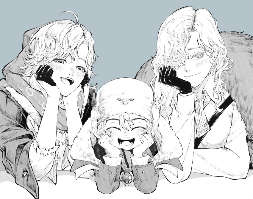 1boy, 2girls, :d, ^_^, absurdres, ahoge, avgust_(reverse:1999), blue_background