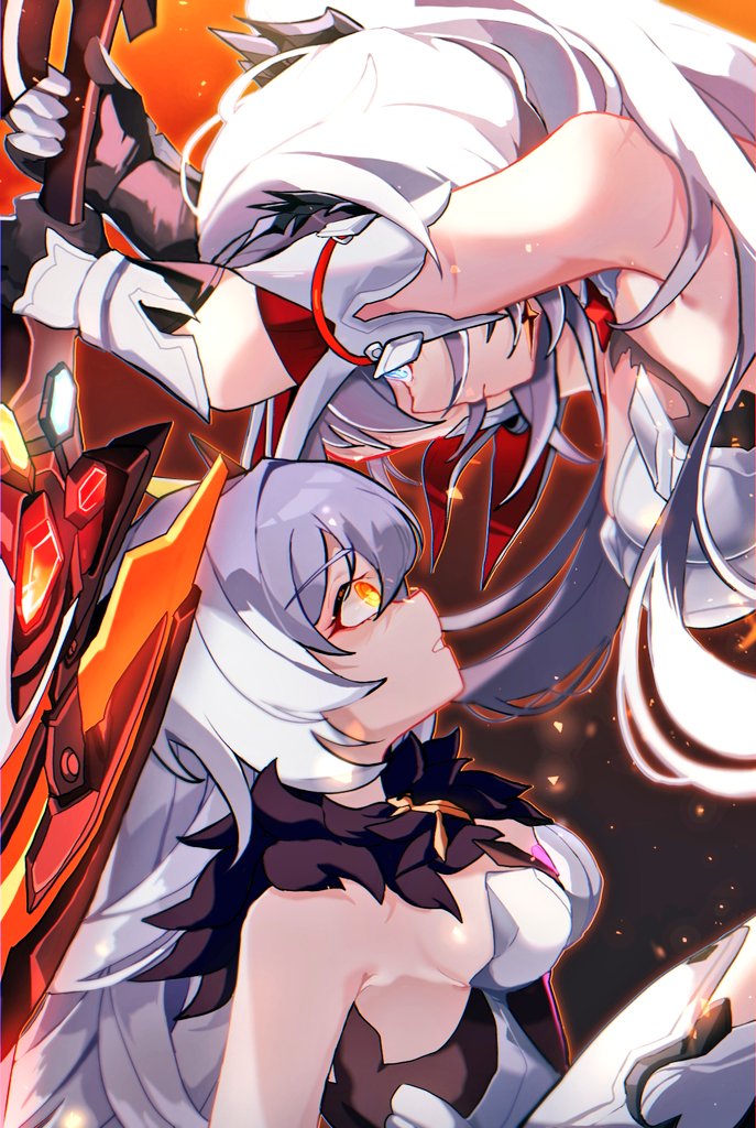 2girls, armor, armored_dress, bare_shoulders, blue_eyes, breasts, dduehddueh, fiery_background