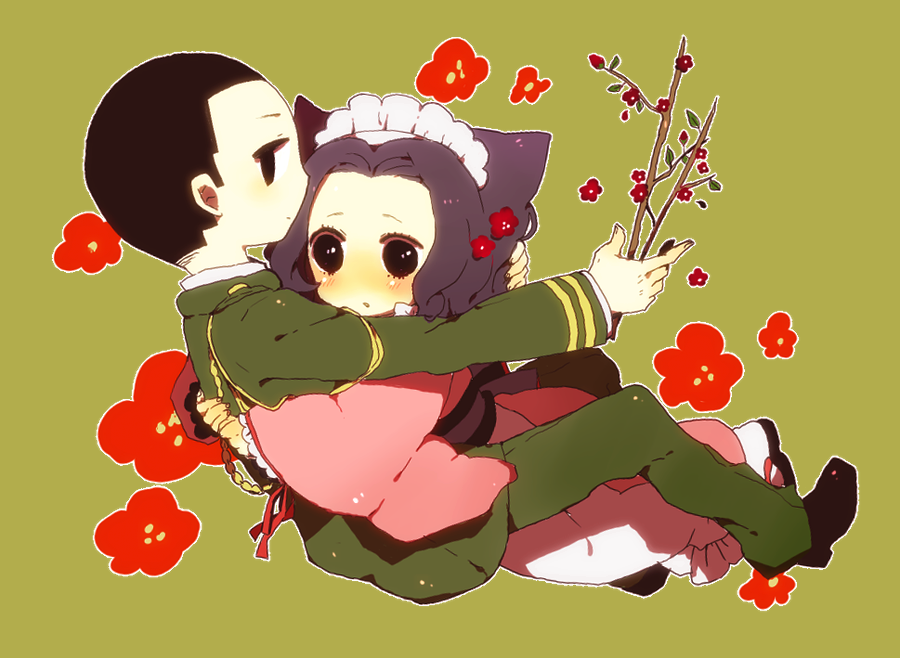 1girl, animal_ears, bad_id, black_eyes, black_hair, blush, branch, chibi