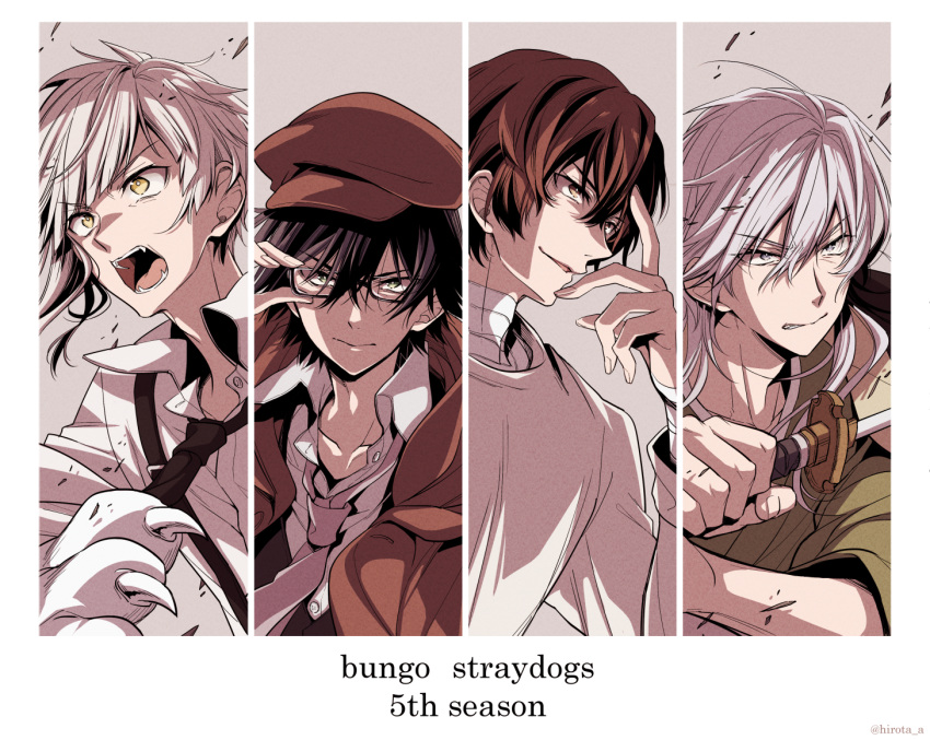 4boys, adjusting_eyewear, animal_hands, bandaged_arm, bandaged_neck, bandages, black_hair, black_necktie, brown_hair, brown_hat, brown_jacket, bungou_stray_dogs, claws, closed_mouth, collared_shirt, commentary_request, copyright_name, dazai_osamu_(bungou_stray_dogs), edogawa_ranpo_(bungou_stray_dogs), english_text, fangs, fukuzawa_yukichi_(bungou_stray_dogs), glasses, green_eyes, green_kimono, grey_hair, hair_between_eyes, hand_up, hat, hirota_azuma, holding, holding_sword, holding_weapon, jacket, japanese_clothes, katana, kimono, long_sleeves, male_focus, multiple_boys, nakajima_atsushi_(bungou_stray_dogs), necktie, open_mouth, shirt, short_hair, smile, suspenders, sword, teeth, twitter_username, v-shaped_eyebrows, weapon, white_shirt, yellow_eyes