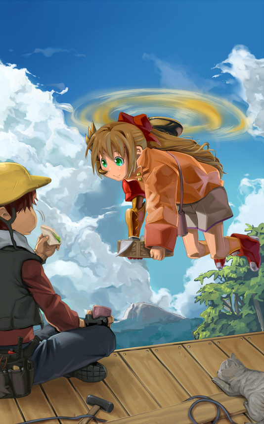 aru-sci, boots, bow, brown_hair, cat, cloud, clouds, floating