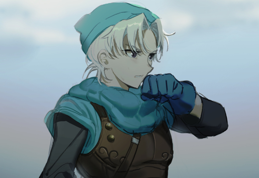 1boy, aqua_hat, aqua_shirt, armor, black_shirt, blue_gloves, blurry, blurry_background