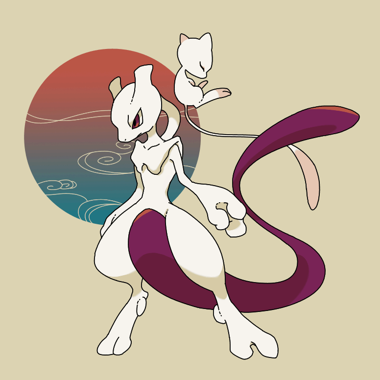 circle, closed_eyes, closed_mouth, collarbone, floating, full_body, grey_background, mew, mew_(pokemon), mewtwo, no_humans, pokemon, pokemon_(creature), satsumapotato, standing, violet_eyes, wind