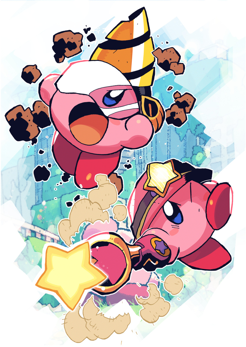 absurdres, antique_firearm, blue_eyes, blunderbuss, blush_stickers, drill, drill_kirby, dust