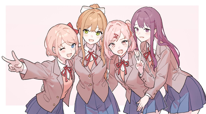 4girls, ;d, blazer, blue_eyes, blue_skirt, border, bow, brown_jacket