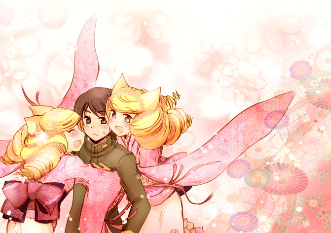 2girls, animal_ears, blonde_hair, blush, bonbori, bow, brown_eyes, brown_hair