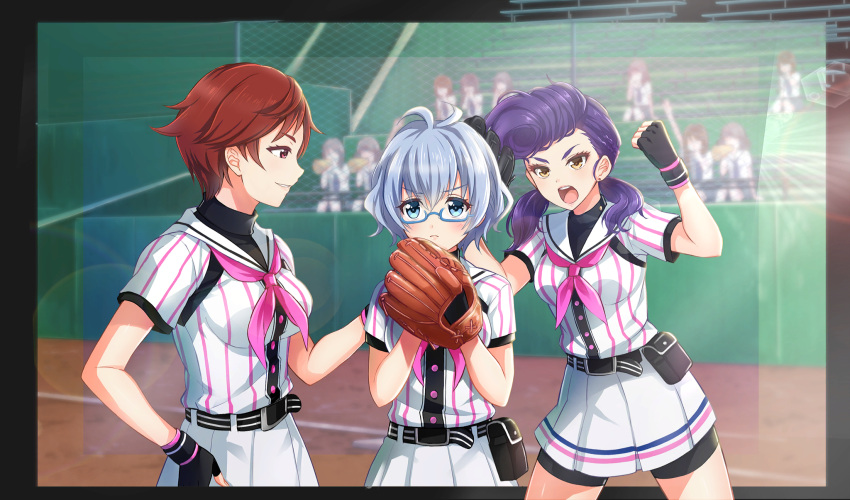 aqua_eyes, baseball_mitt, baseball_stadium, baseball_uniform, belt, belt_buckle, belt_pouch, bike_shorts_under_skirt