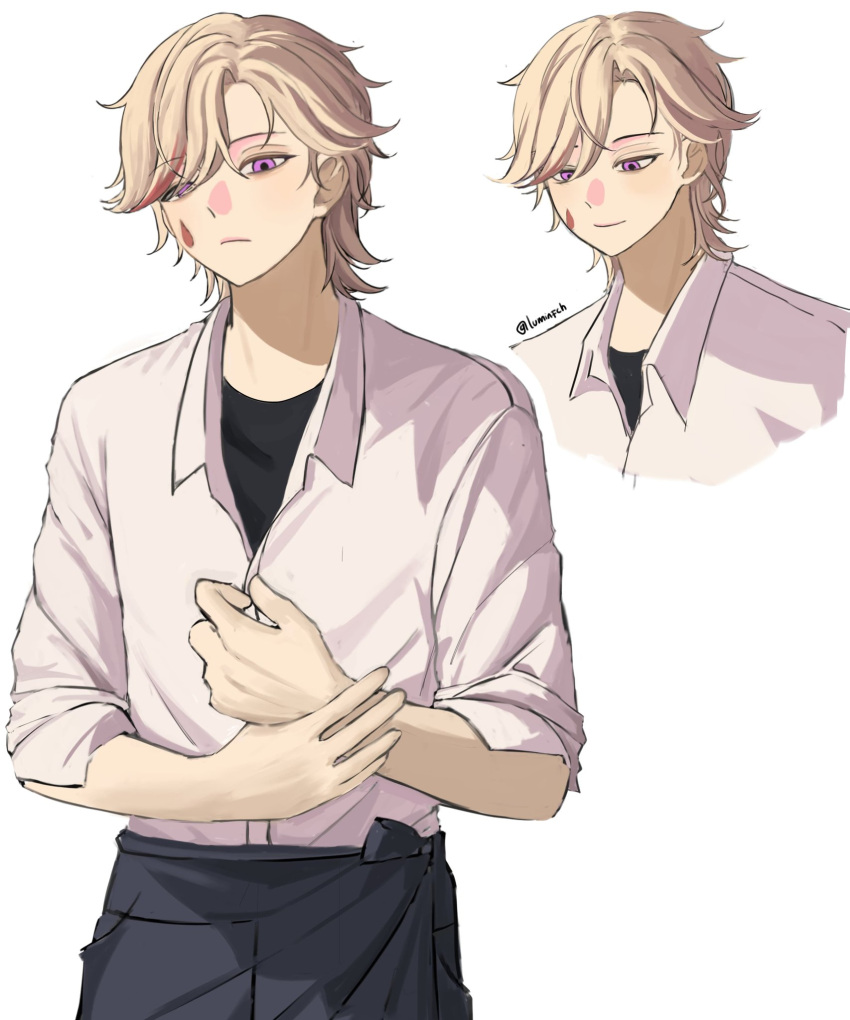 1boy, black_pants, black_shirt, blonde_hair, closed_mouth, facial_mark, genshin_impact, highres