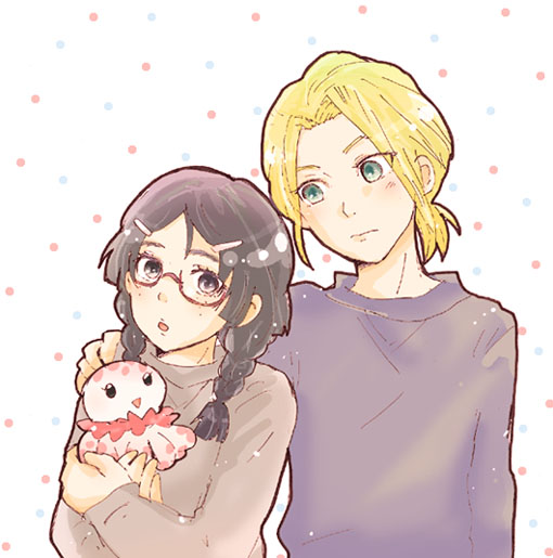 black_hair, blonde_hair, blush, braid, clara_(kuragehime), face, freckles, glasses