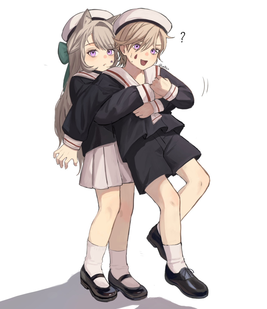 ?, animal_ears, beret, black_footwear, black_shirt, black_shorts, blonde_hair, bow