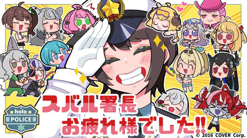 >_<, 6+girls, :d, ^_^, ahoge, animal_ear_piercing, animal_ears, black_necktie
