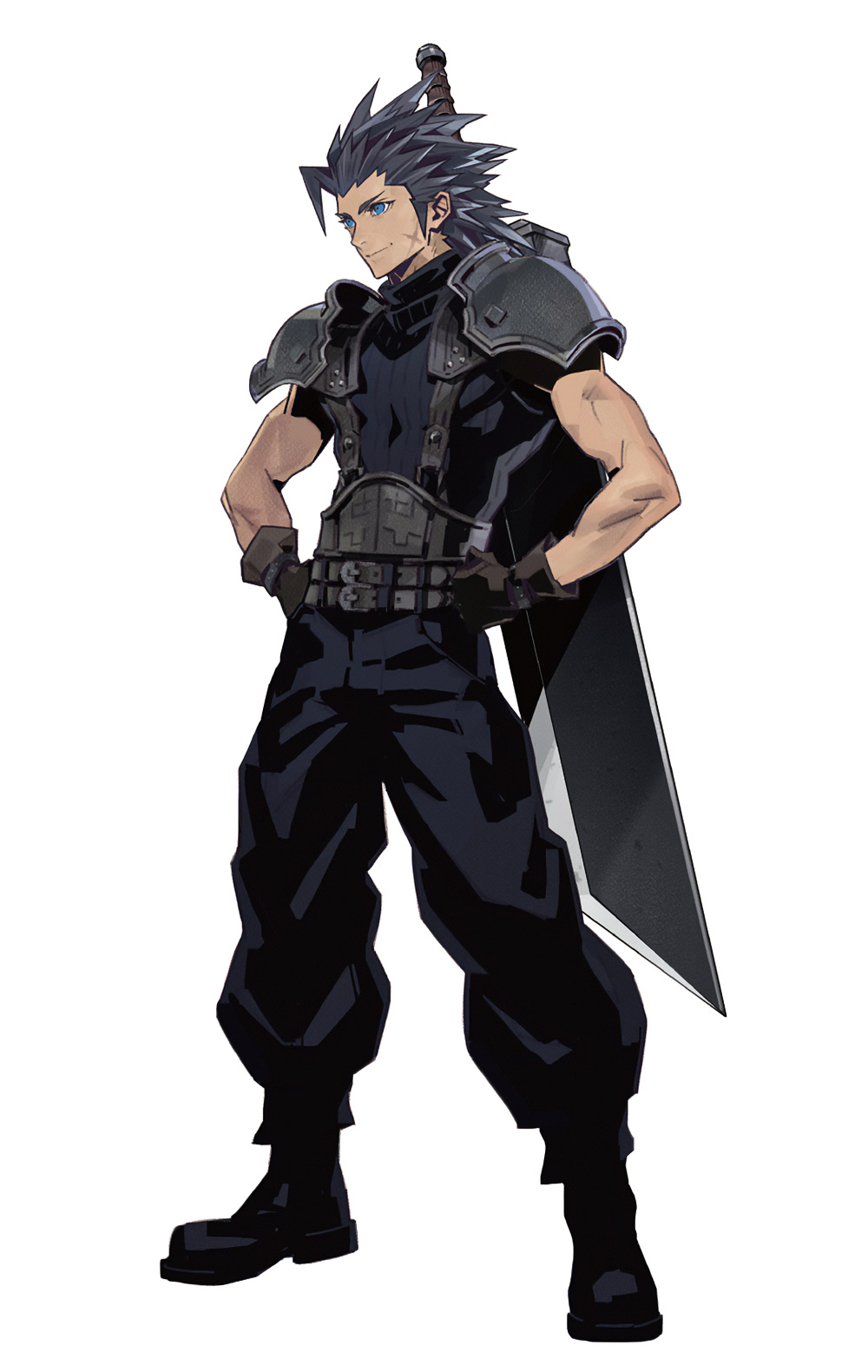 1boy, armor, belt, black_belt, black_footwear, black_hair, black_pants, black_sweater, blue_eyes, boots, brown_gloves, buster_sword, cross_scar, final_fantasy, final_fantasy_vii, final_fantasy_vii_ever_crisis, fujise_lisa, full_body, gloves, hands_on_own_hips, highres, long_hair, male_focus, multiple_belts, official_art, pants, pauldrons, scar, scar_on_cheek, scar_on_face, shoulder_armor, simple_background, sleeveless, sleeveless_sweater, sleeveless_turtleneck, smile, solo, spiky_hair, suspenders, sweater, sword, sword_on_back, third-party_source, toned, toned_male, turtleneck, turtleneck_sweater, weapon, weapon_on_back, white_background, zack_fair