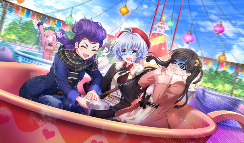 5girls, :d, @_@, ^_^, amusement_park, aqua_eyes, arms_up, belt