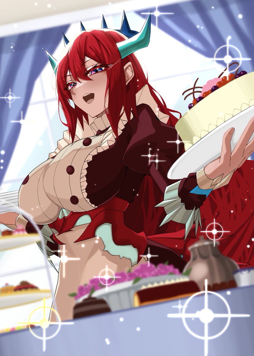 1girl, apron, blurry, blurry_background, breasts, cake, commentary_request, dragon_girl