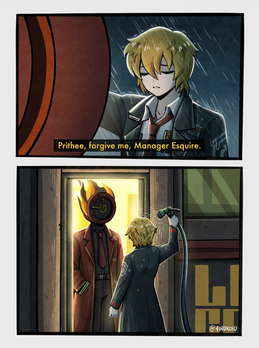 1girl, 1other, 4indroid, black_coat, blonde_hair, carried_away, clock, closed_eyes