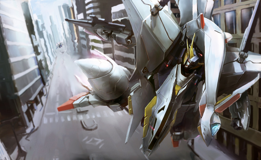 city, flying, gun, gundam, gundam_hathaway's_flash, gundam_hathaway's_flash, mecha, no_humans