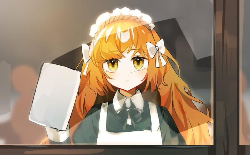 10rigar, 1girl, apron, black_dress, bow, cleaning_rag, closed_mouth, dress