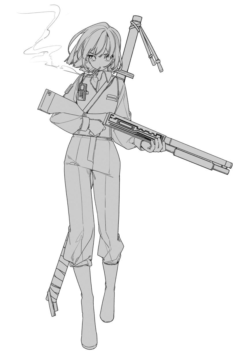 1girl, absurdres, bob_cut, boots, cigarette, closed_mouth, collared_shirt, full_body