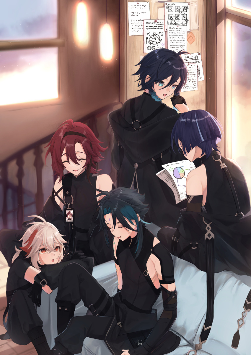 5boys, absurdres, aqua_eyes, aqua_hair, arm_tattoo, black_gloves, black_hair, black_hairband