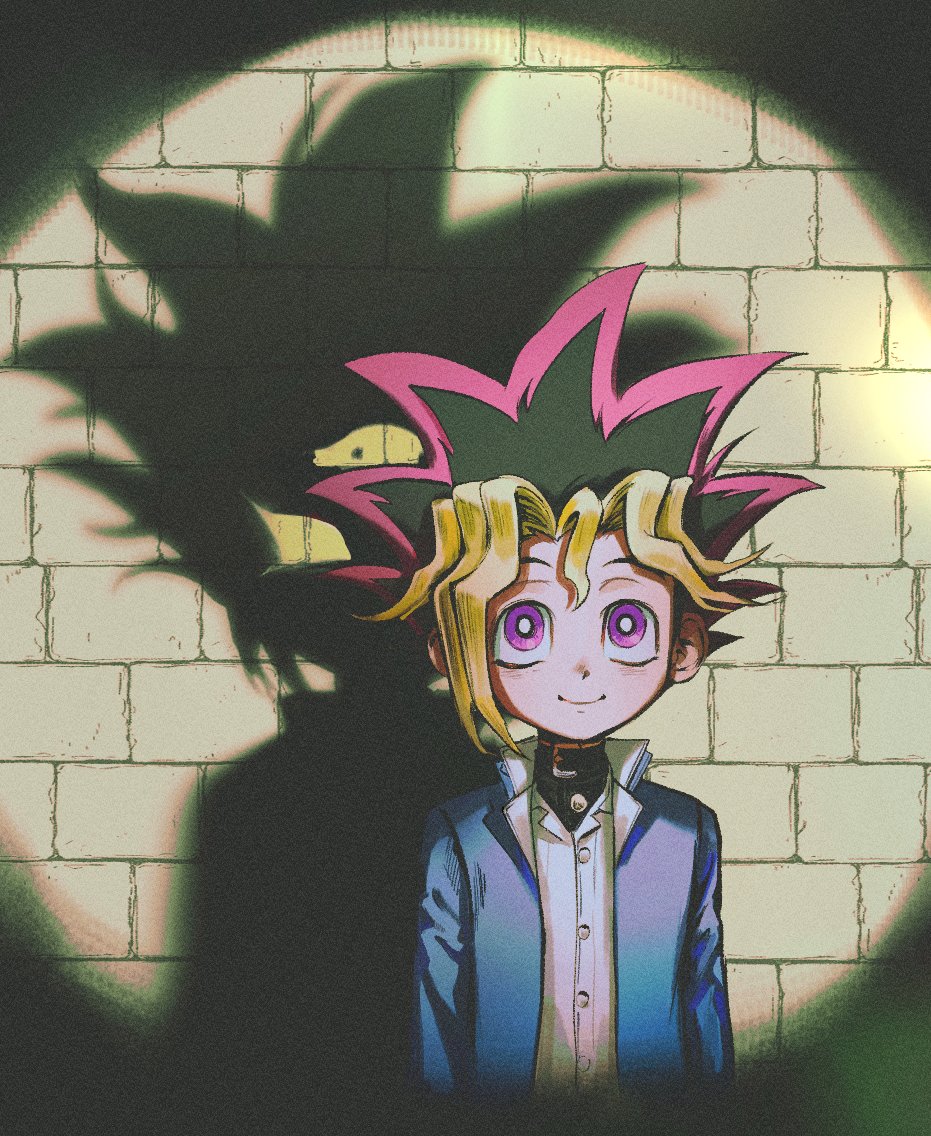 1boy, blue_jacket, brick_wall, bright_pupils, buttons, different_shadow, jacket, looking_at_viewer