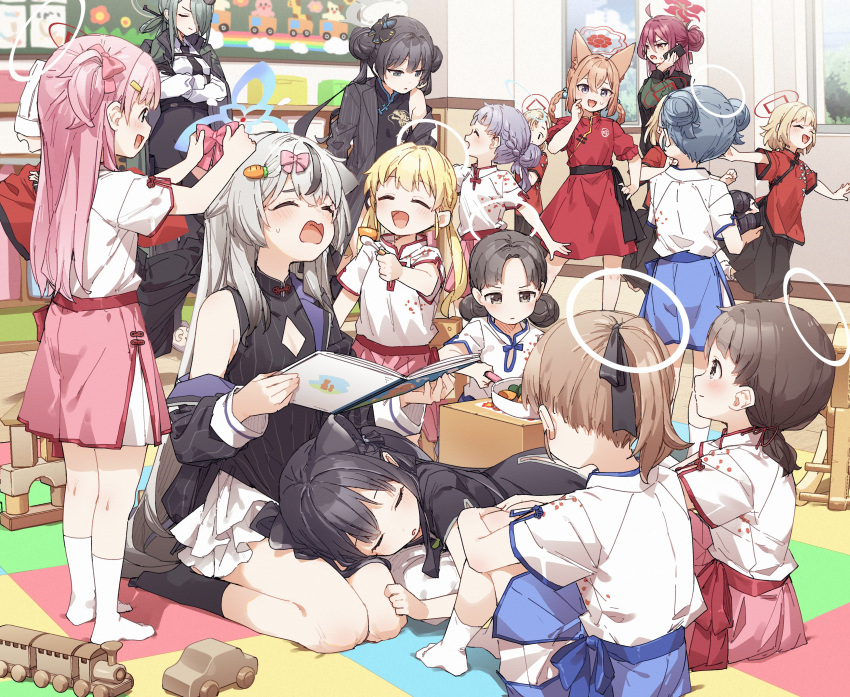 6+girls, absurdres, animal_ear_fluff, belt, black_belt, black_dress, black_gloves, black_hair