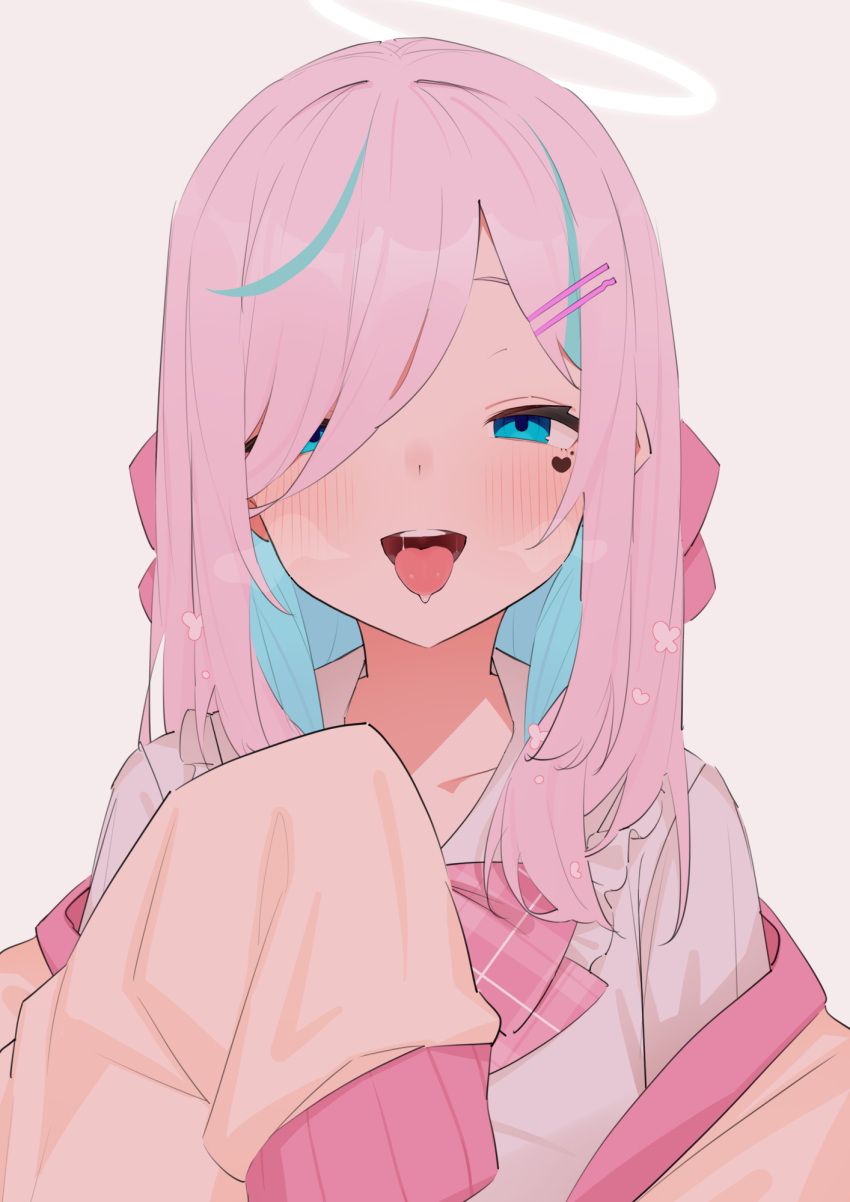 1girl, aqua_eyes, aqua_hair, blush, bow, colored_inner_hair, commentary, hair_over_one_eye, halo, highres, ilu_fluor, indie_virtual_youtuber, katahaba_keiji, long_bangs, looking_at_viewer, medium_hair, multicolored_hair, open_mouth, pink_bow, pink_hair, shirt, solo, tongue, upper_body, virtual_youtuber, white_halo, white_shirt