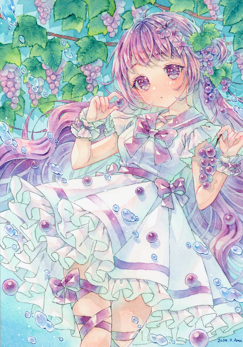 1girl, absurdres, amu_(m_aa), artist_name, blush, bow, breasts, closed_mouth, collar, cowboy_shot, dated, dot_mouth, dot_nose, dress, expressionless, food, frilled_skirt, frilled_sleeves, frilled_wristband, frills, fruit, grape_vine, grapes, hair_bow, hair_bun, hair_ribbon, highres, holding_grape, long_hair, medium_breasts, original, painting_(medium), purple_bow, purple_collar, purple_hair, purple_ribbon, ribbon, short_sleeves, signature, single_sidelock, skirt, solo, standing, traditional_media, violet_eyes, water_drop, watercolor_(medium), wavy_hair, white_dress, white_wristband, wristband