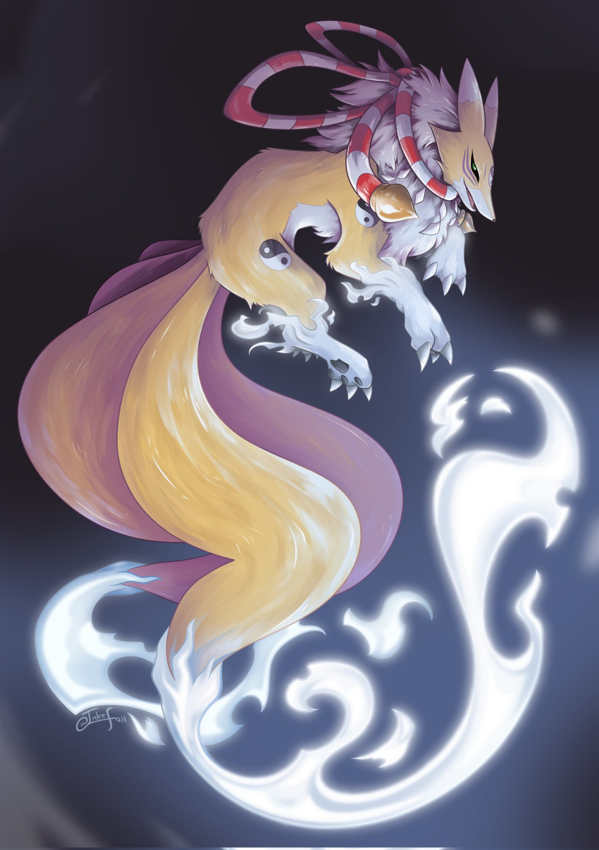 black_sclera, claws, colored_sclera, digimon, digimon_(creature), extra_tails, fangs, fire