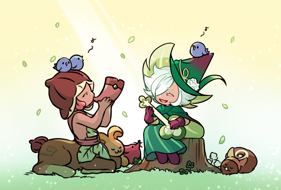 1boy, 1other, animal, bard, bird, blueberry_bird, centaur, character_request, clover_cookie, commentary_request, cookie_run, cookie_run:_kingdom, dark-skinned_male, dark_skin, dress, fig_cookie, gloves, green_dress, green_hat, hair_over_one_eye, hat, humanization, instrument, jbee_34, korean_commentary, leaf, music, playing_instrument, sitting, squirrel, tail, taur, tree_stump, white_hair