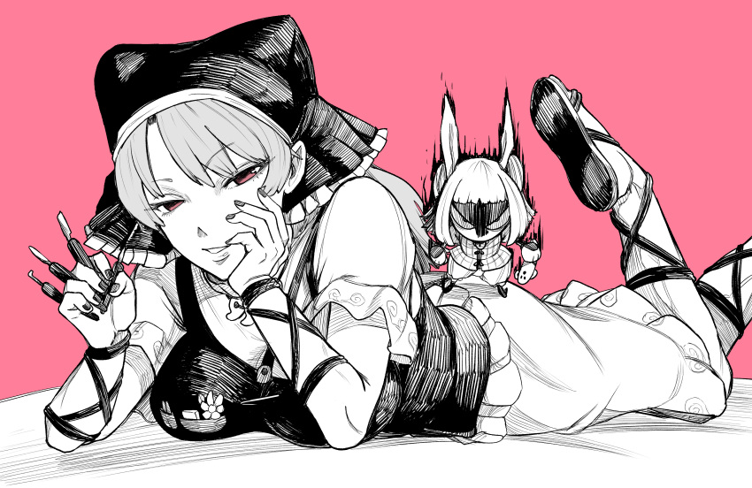 absurdres, apron, axel_hi, breasts, chisel, dress, fingernails, frilled_sleeves