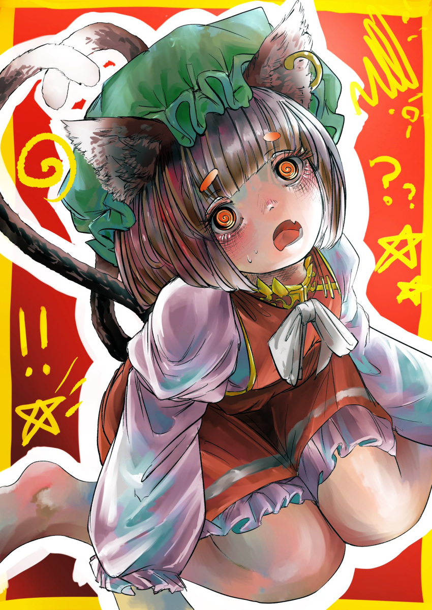 1girl, @_@, animal_ear_piercing, animal_ears, arms_at_sides, barefoot, blunt_bangs, brown_eyes