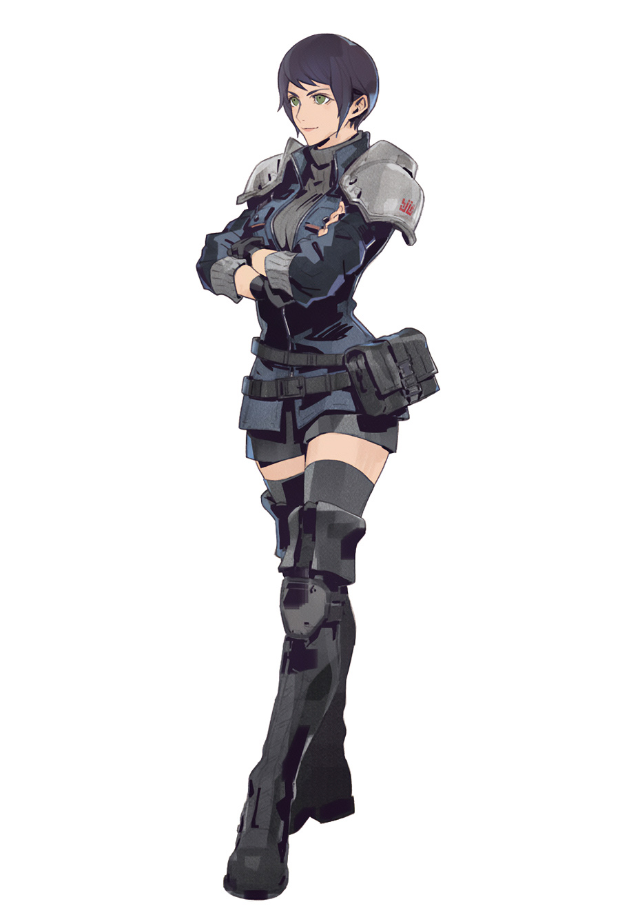 1girl, armor, belt, belt_pouch, black_belt, black_footwear, black_gloves, black_hair