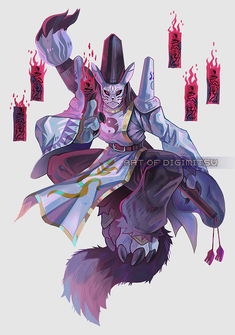 belt, black_hat, black_pants, black_sclera, calligraphy_brush, claws, colored_sclera, digimitsuart, digimon, digimon_(creature), doumon, facial_mark, floating, fox_tail, frown, full_body, gold_trim, hand_up, hat, holding_ofuda, knees_up, kuji-in, looking_at_viewer, no_humans, ofuda, onmyouji, oversized_object, paintbrush, pants, red_eyes, robe, shoulder_pads, simple_background, solo, squatting, tabard, tail, tate_eboshi, whisker_markings, white_background, white_robe, white_tabard, yin_yang, yin_yang_print