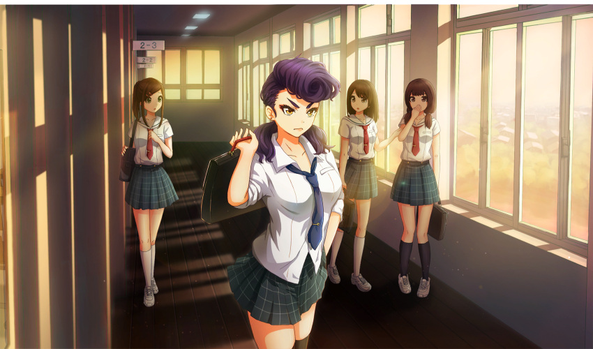 4girls, bag, black_bag, black_socks, blue_necktie, brown_hair, cinderella_series, closed_mouth
