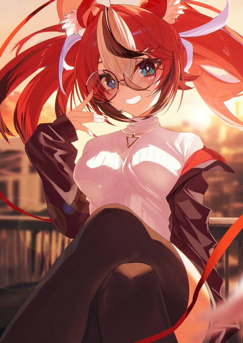 1girl, absurdres, adjusting_eyewear, alternate_costume, animal_ear_fluff, animal_ears, black_hair, black_jacket, black_thighhighs, blue_eyes, blurry, blurry_background, breasts, colored_tips, crossed_arms, crossed_bangs, double-parted_bangs, gold_necklace, grin, hair_between_eyes, hakos_baelz, hand_up, highres, hololive, hololive_english, jacket, jewelry, jiang_ye_kiri, long_hair, looking_at_viewer, medium_breasts, mouse_ears, mouse_girl, multicolored_hair, nail_polish, necklace, off_shoulder, red_jacket, red_nails, redhead, ribbed_sweater, sitting, smile, solo, streaked_hair, sweater, thigh-highs, triangle_necklace, turtleneck, turtleneck_sweater, twintails, two-sided_fabric, two-sided_jacket, virtual_youtuber, white_hair, white_sweater