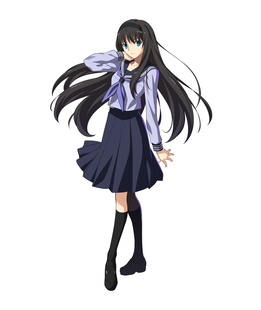1girl, alternate_costume, aqua_eyes, aqua_shirt, aqua_sleeves, arm_at_side, black_footwear, black_hair, black_hairband, black_socks, blue_neckerchief, blue_pupils, blue_sailor_collar, blue_serafuku, blue_skirt, blue_sleeve_cuffs, breasts, collarbone, fingernails, frown, game_cg, hairband, highres, horizontal-striped_sleeve_cuffs, kneehighs, legs_apart, loafers, long_hair, long_sleeves, looking_at_viewer, medium_breasts, medium_skirt, melty_blood, melty_blood:_type_lumina, neckerchief, non-web_source, official_alternate_costume, official_art, open_hand, petticoat, pleated_skirt, sailor_collar, school_uniform, serafuku, shirt, shoes, sidelighting, simple_background, skirt, sleeve_cuffs, slip_showing, socks, solo, standing, straight_hair, striped_collar, takeuchi_takashi, tohno_akiha, transparent_background, triple_horizontal_stripe, tsukihime, tsukihime_(remake), type-moon, very_long_hair, white_stripes, wispy_bangs