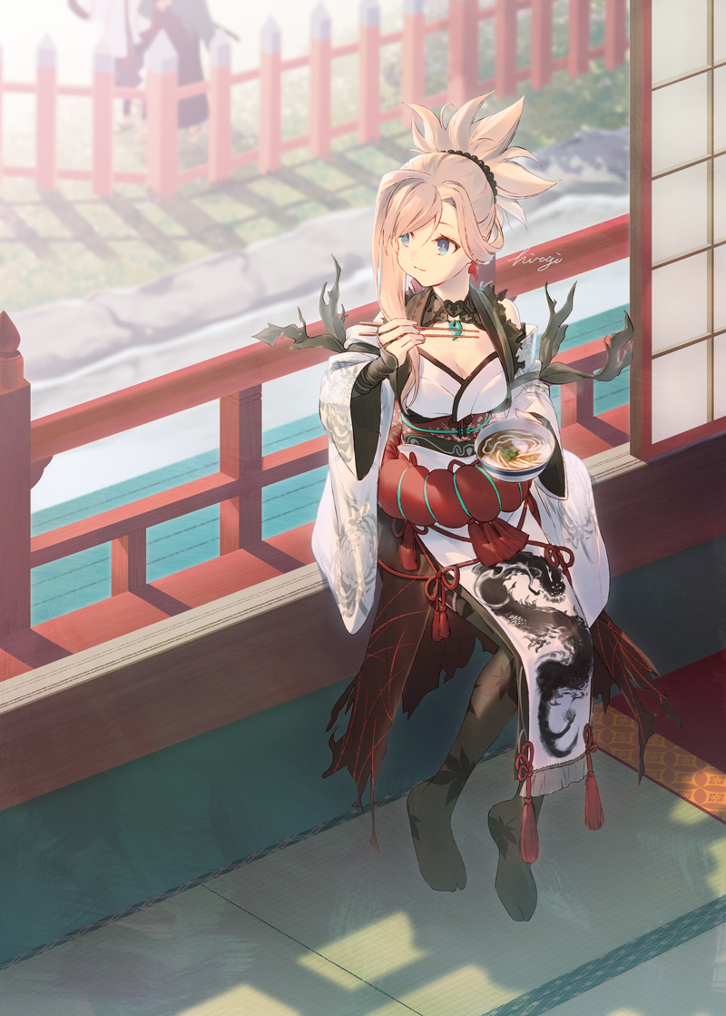 1boy, 1girl, 1other, architecture, asymmetrical_hair, bead_hairband, black_hakama, blue_eyes